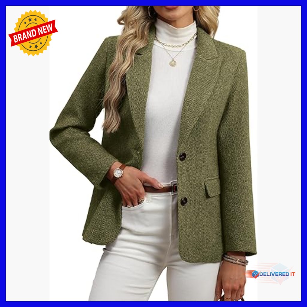 Wool Blend Tweed Blazer Herringbone Business Casual Oversized Fit